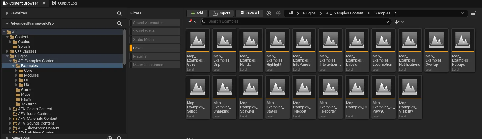 The example maps in the Content Browser