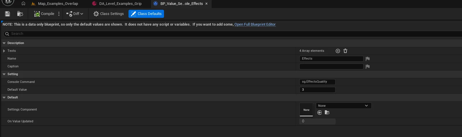 A settings preset asset