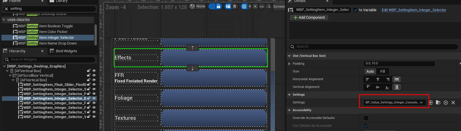 The row placed on the graphics page with its Settings class picked