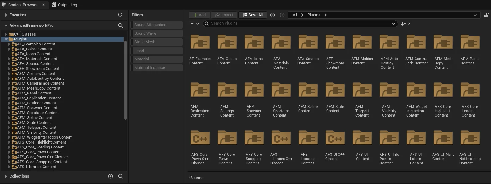 The framework plugins in the Unreal plugin browser